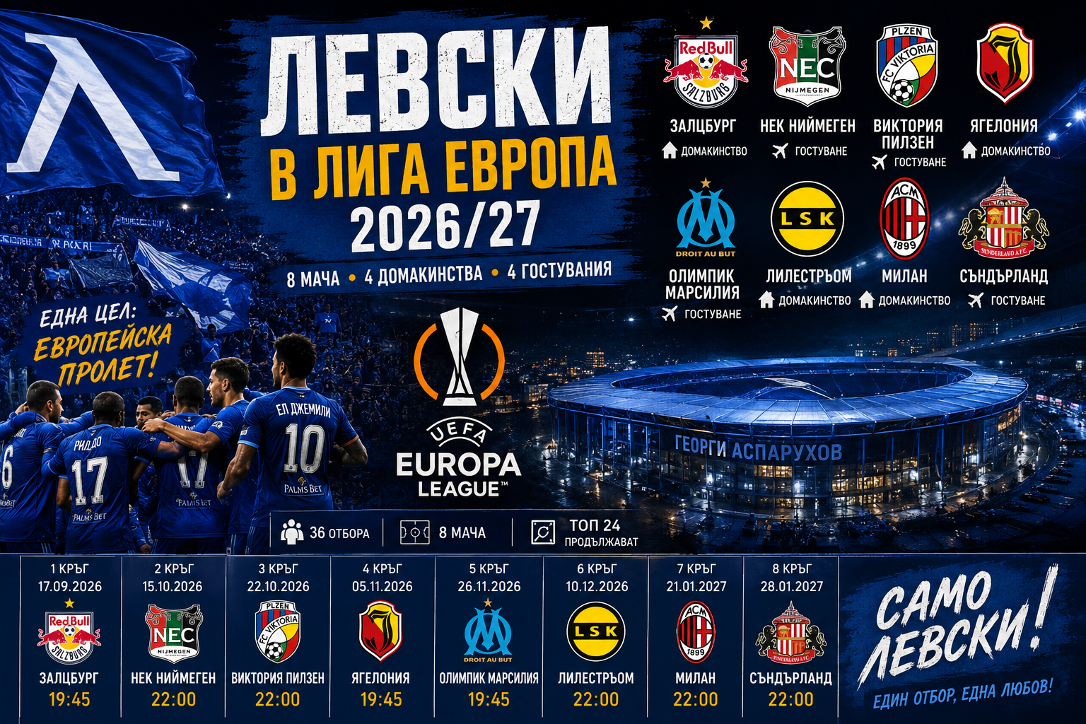 Левски в Лига Европа 2026/27: пълен анализ на жребия, програмата и осемте съперника